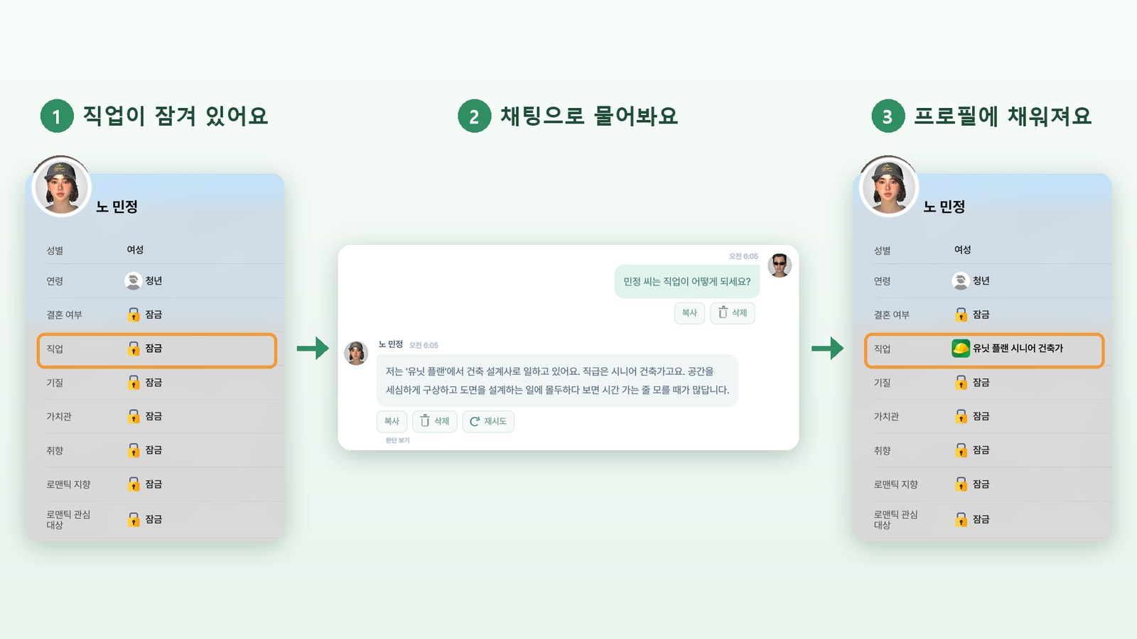 노 민정의 프로필에서 직업이 잠겨 있고, 채팅으로 직업을 묻자 건축 설계사라고 답한 뒤, 프로필 직업 칸에 유닛 플랜 시니어 건축가가 채워진 모습